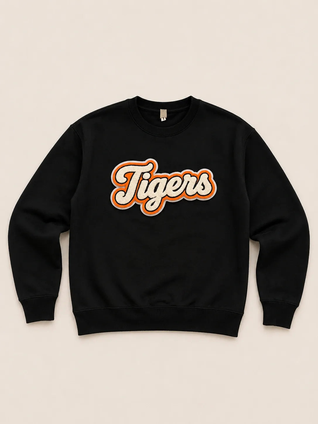 Pick Your Patch Chenille Patch Black Crewneck | Custom School Spirit Sweatshirt