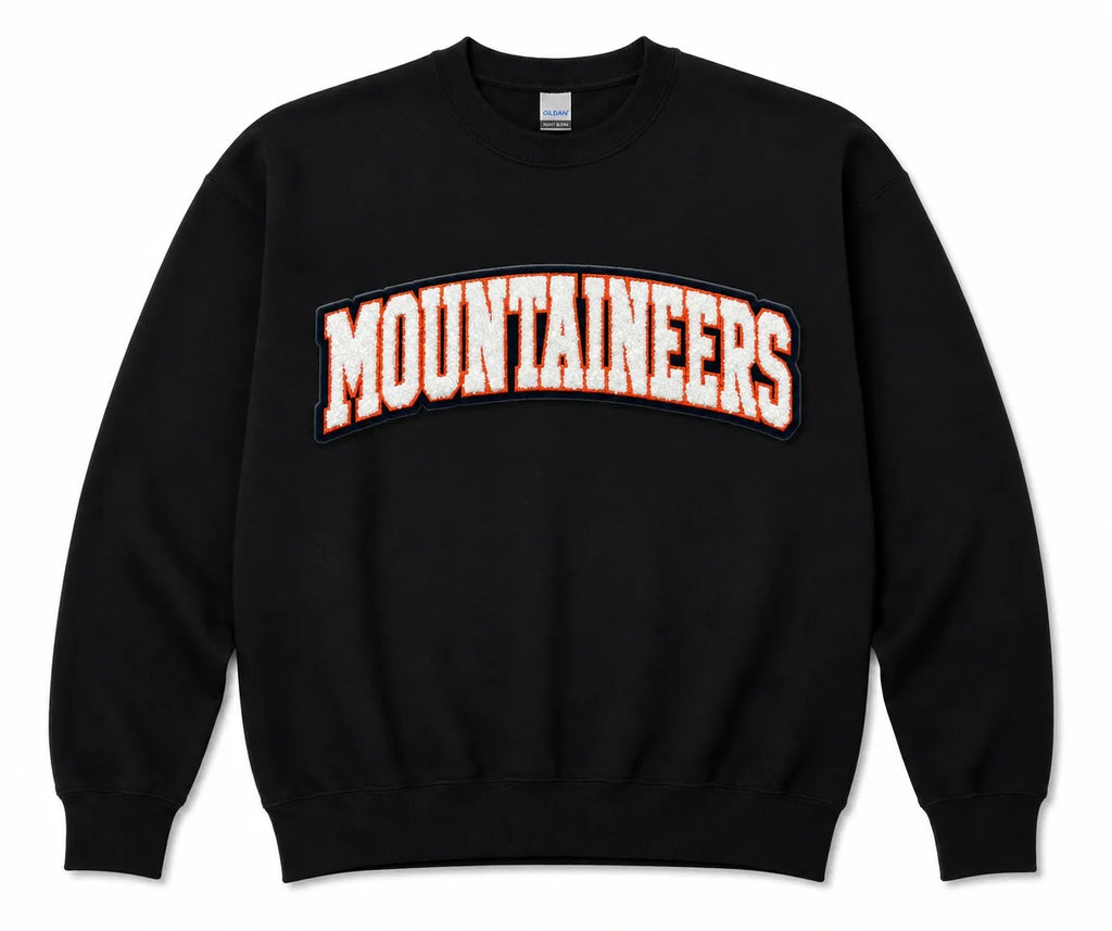 Pick Your Patch Chenille Patch Black Crewneck | Custom School Spirit Sweatshirt