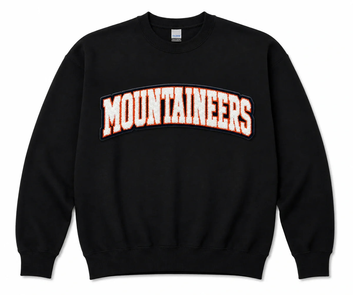 Pick Your Patch Chenille Patch Black Crewneck | Custom School Spirit Sweatshirt