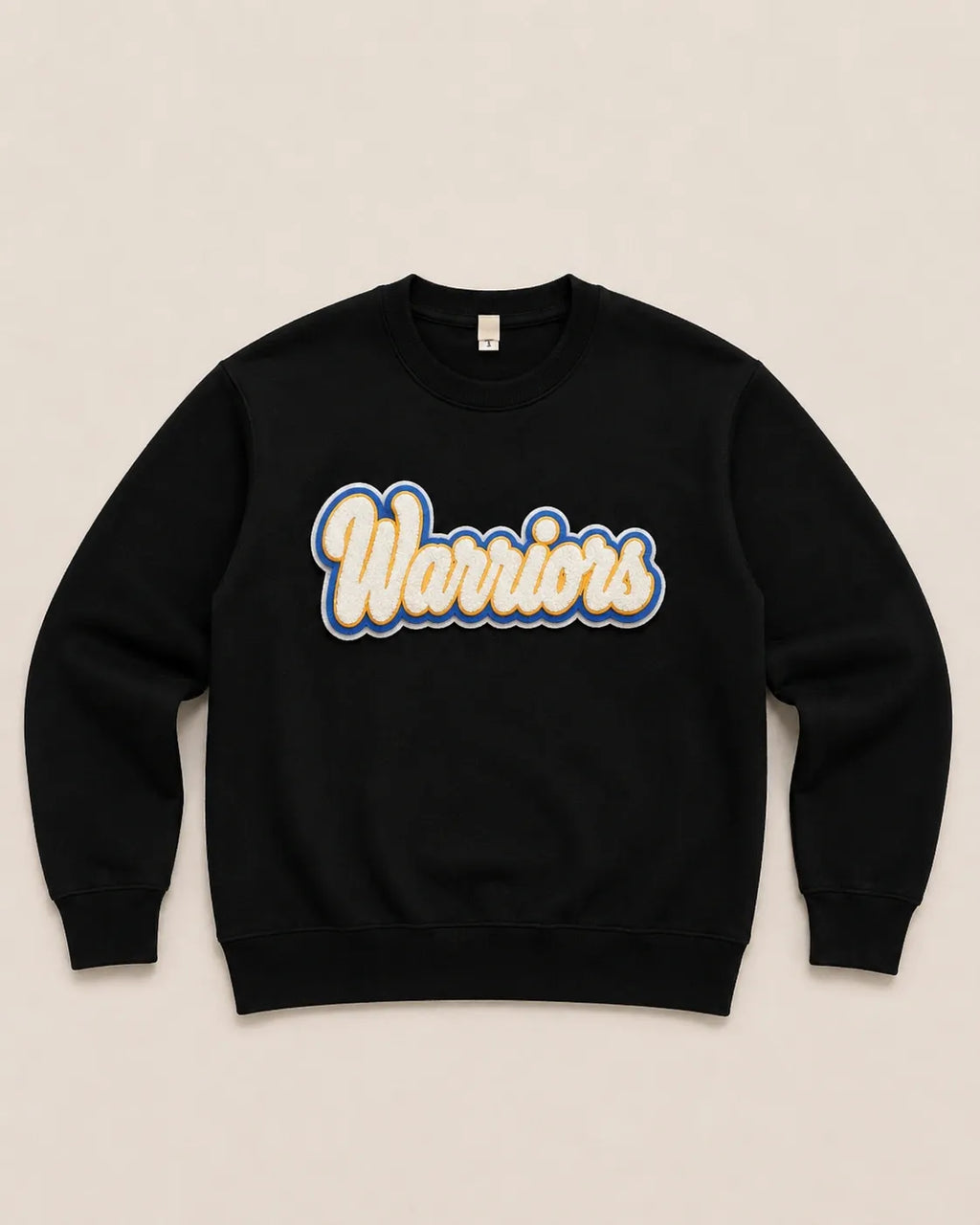 Pick Your Patch Chenille Patch Black Crewneck | Custom School Spirit Sweatshirt