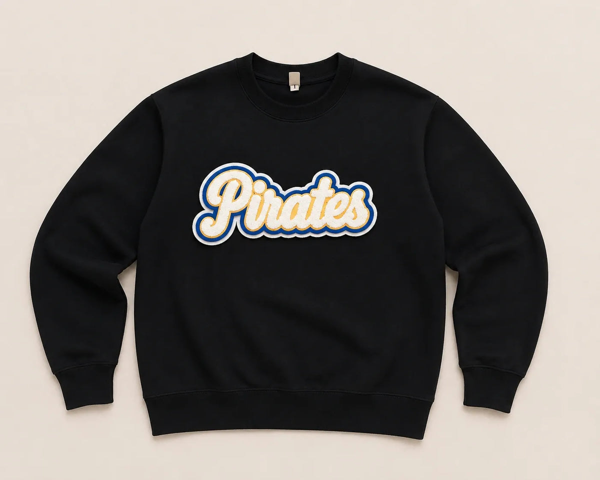 Pick Your Patch Chenille Patch Black Crewneck | Custom School Spirit Sweatshirt