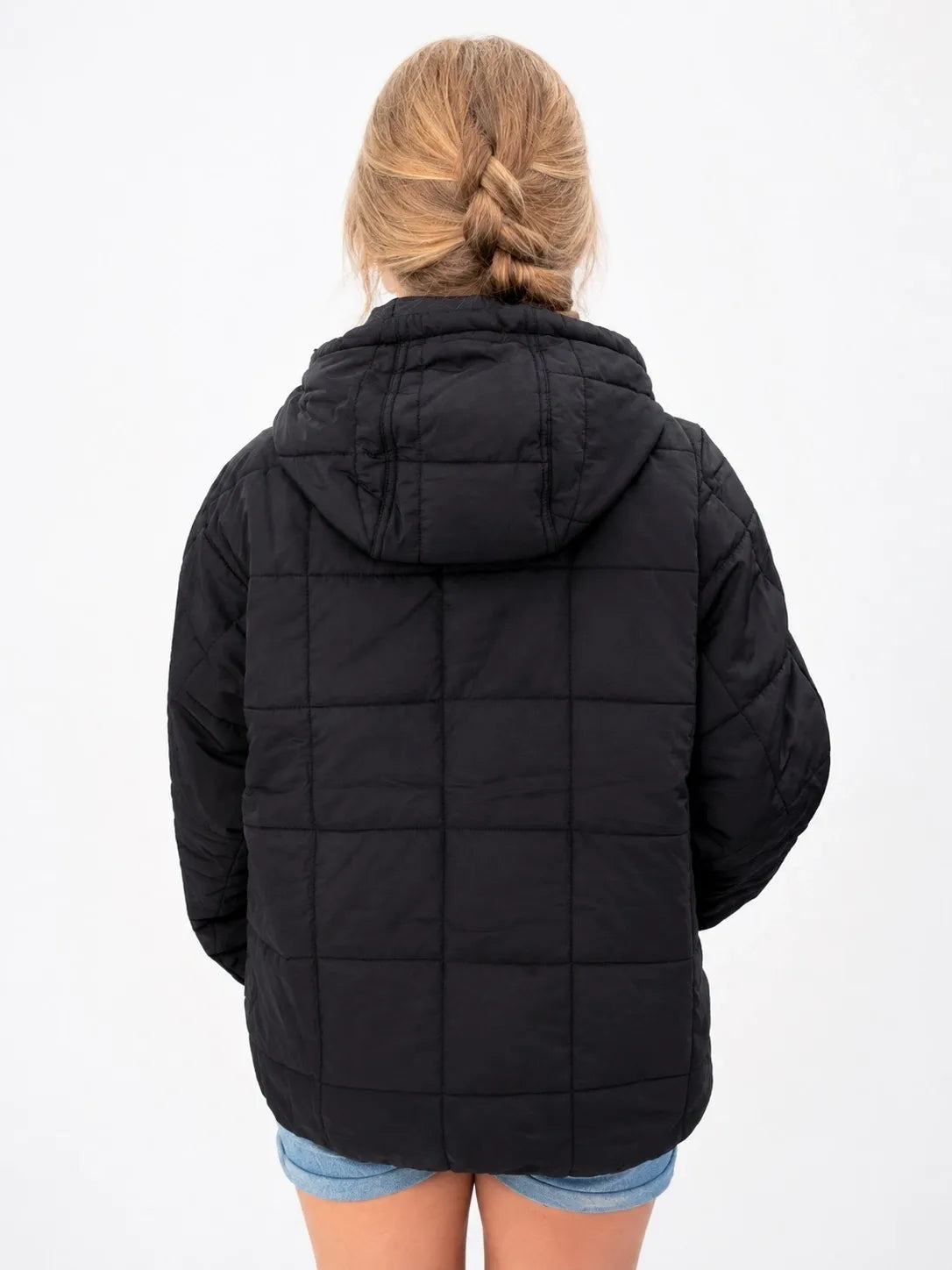 Black Quilted Pullover Puffer Hoodie