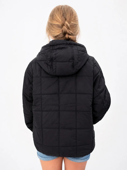Black Quilted Pullover Puffer Hoodie