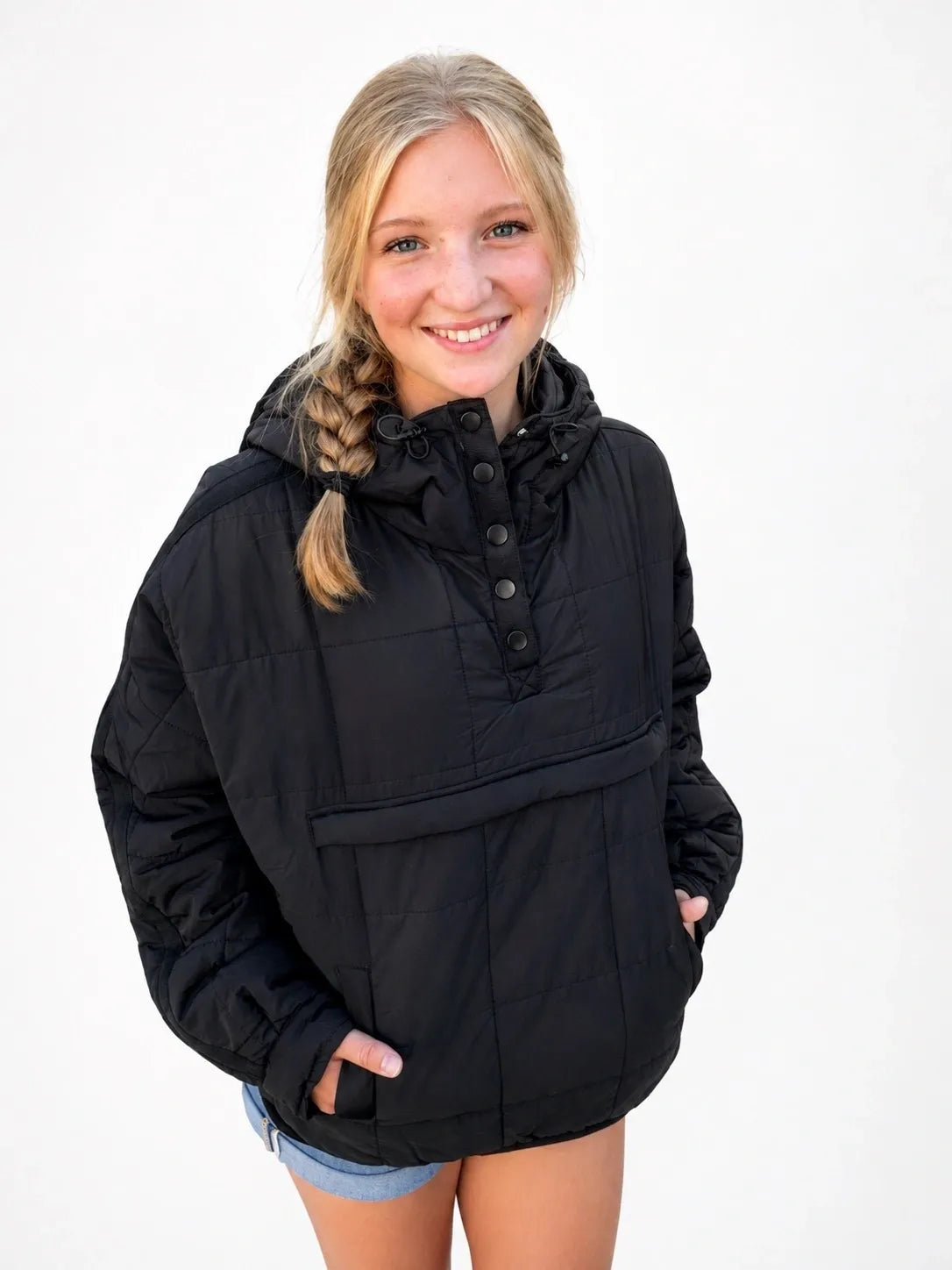 Black Quilted Pullover Puffer Hoodie