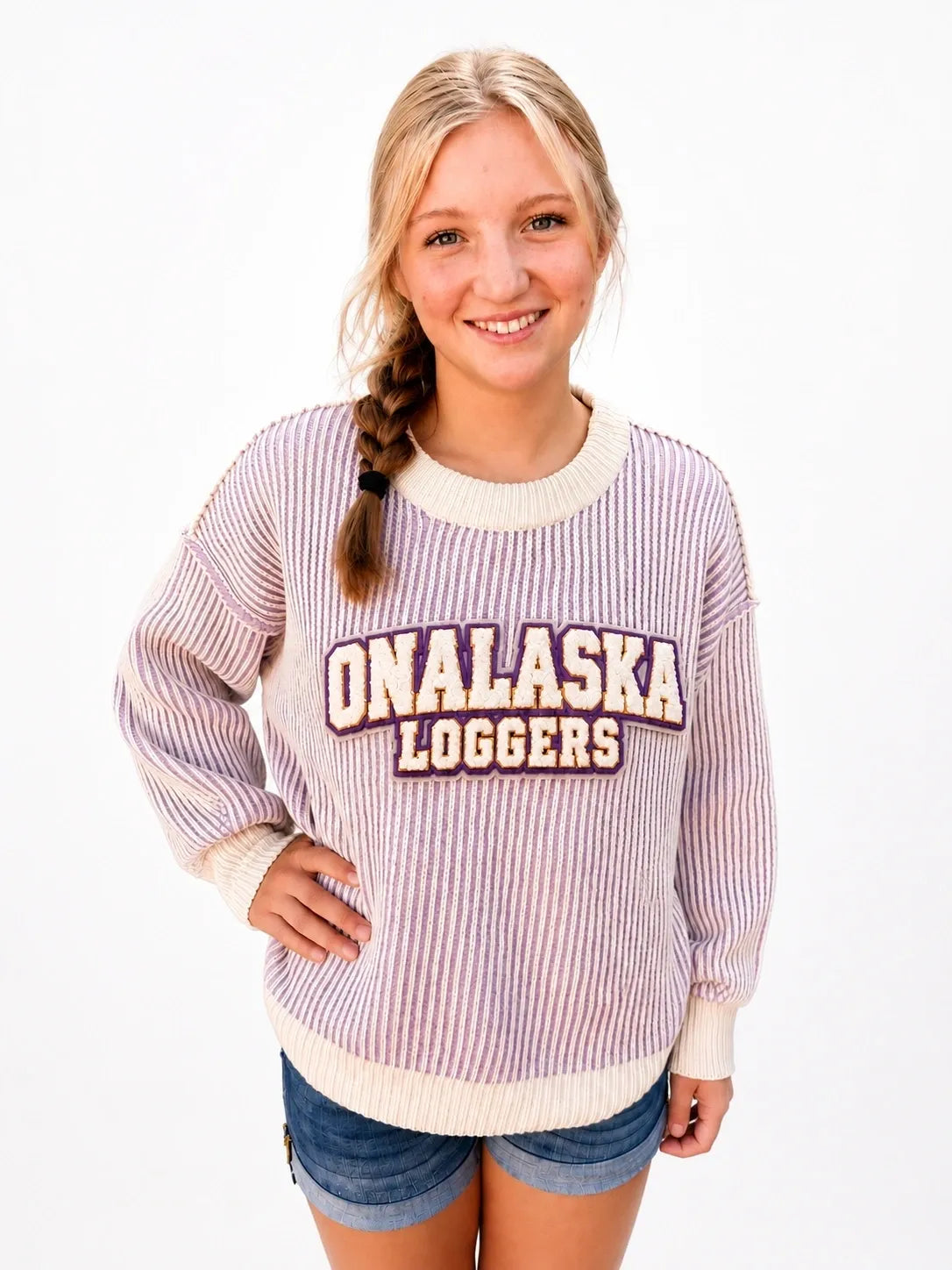 Lavender Two-Tone Ribbed Crewneck Sweater