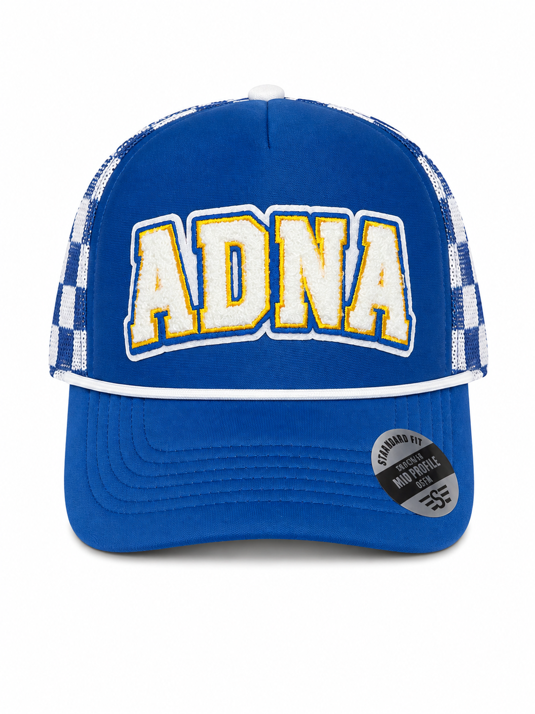 Pick Your Patch Blue Checkered Trucker Hat | Custom Chenille Game Day Hat