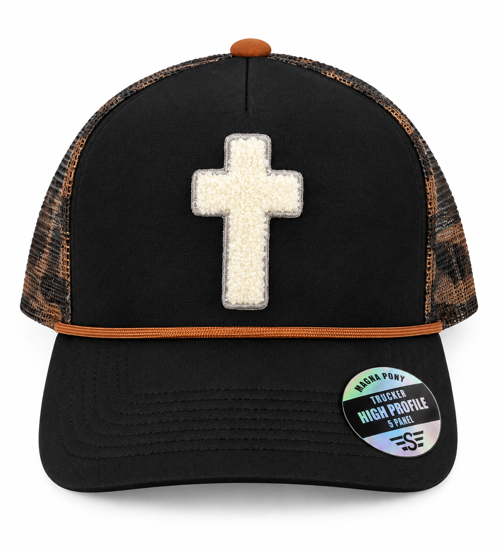 Chenille Cross Black Magna Pony Trucker Hat