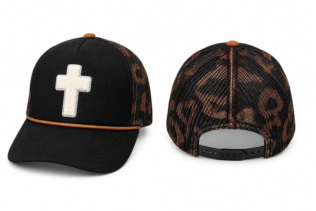 Chenille Cross Black Magna Pony Trucker Hat