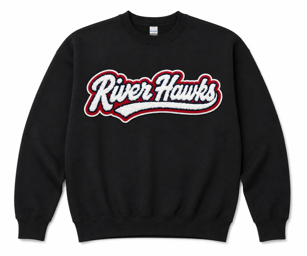 Pick Your Patch Chenille Patch Black Crewneck | Custom School Spirit Sweatshirt