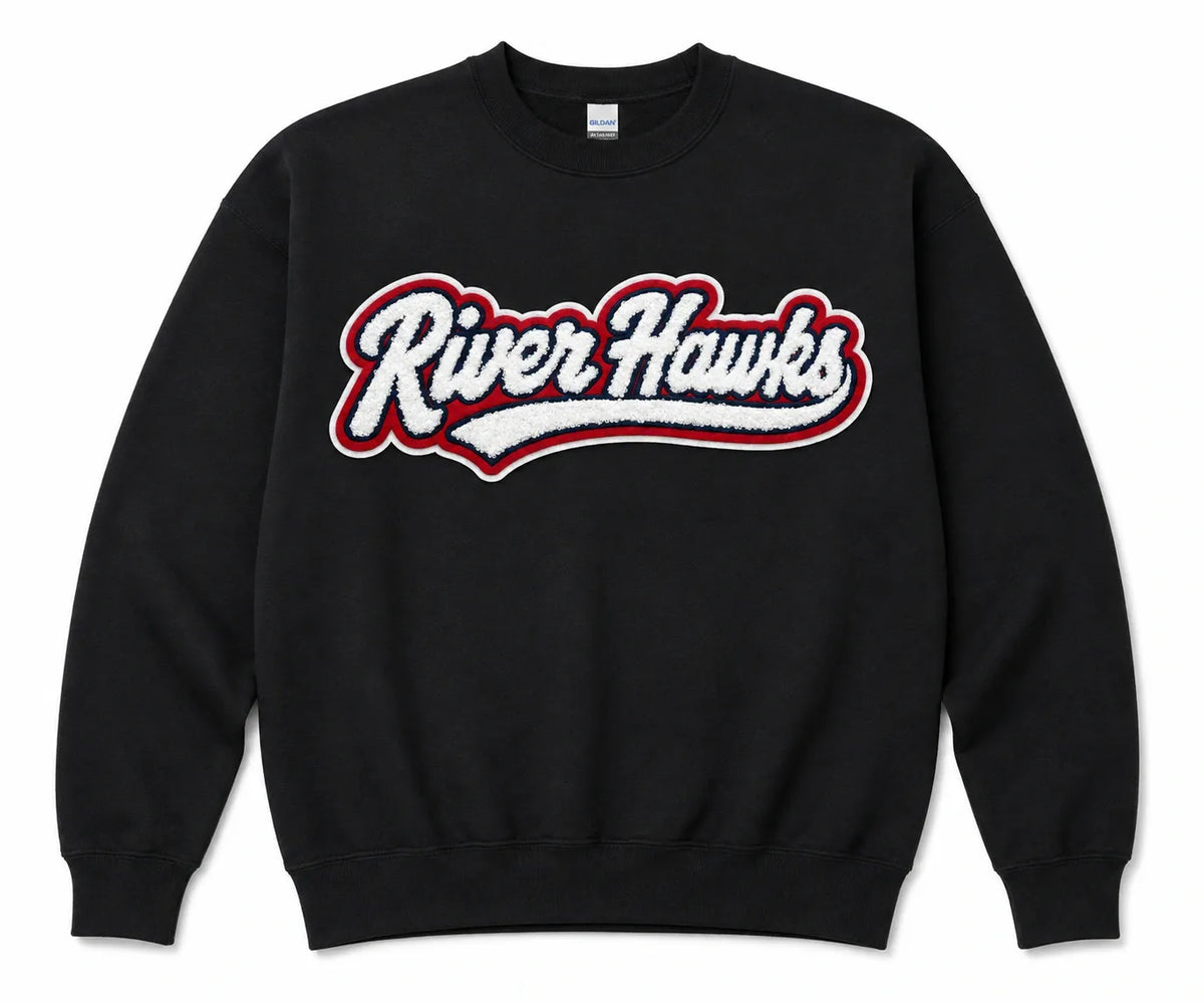 Pick Your Patch Chenille Patch Black Crewneck | Custom School Spirit Sweatshirt