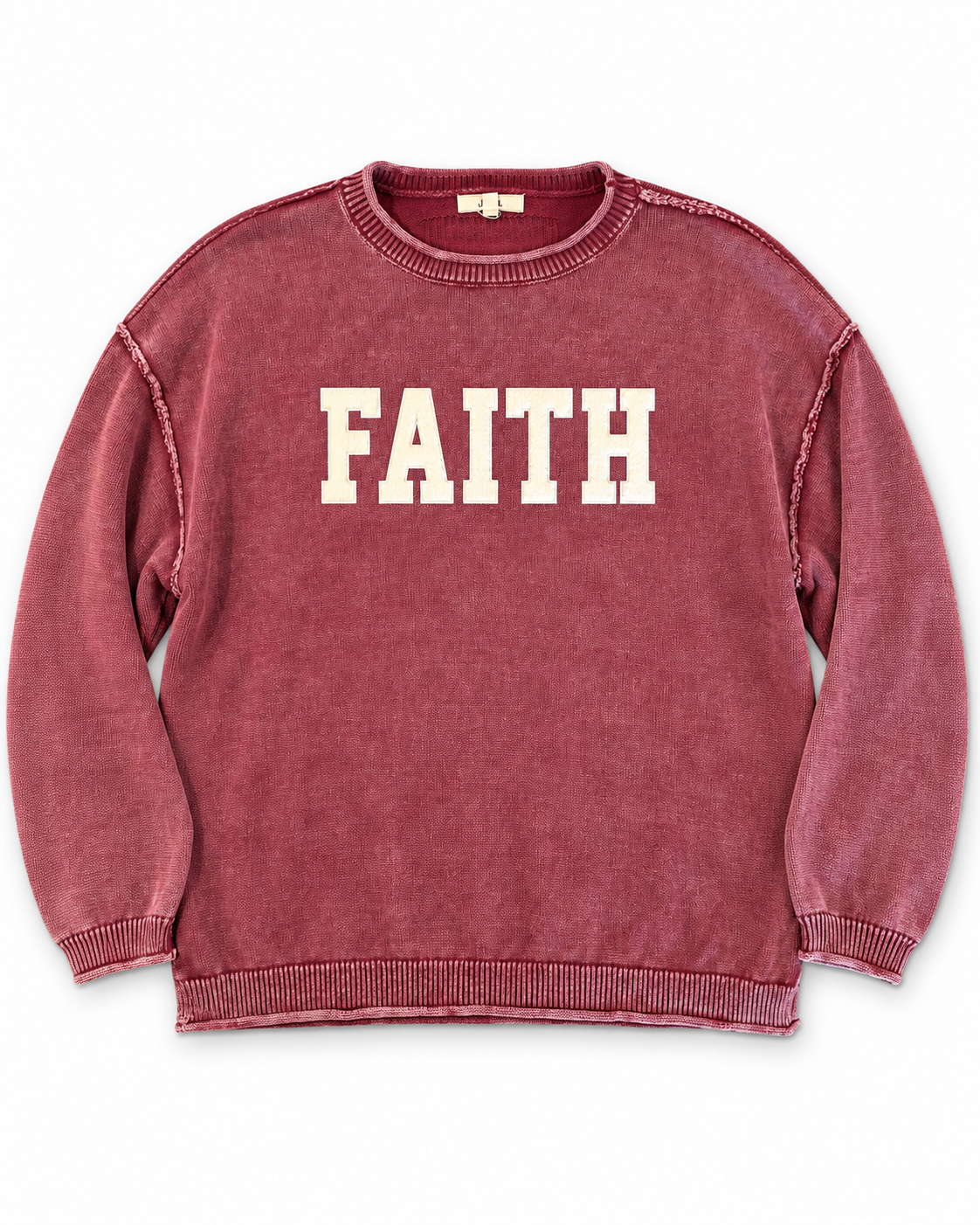 FAITH Burgundy Washed Raw Edge Sweater