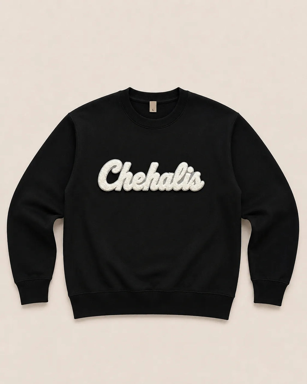 Pick Your Patch Chenille Patch Black Crewneck | Custom School Spirit Sweatshirt