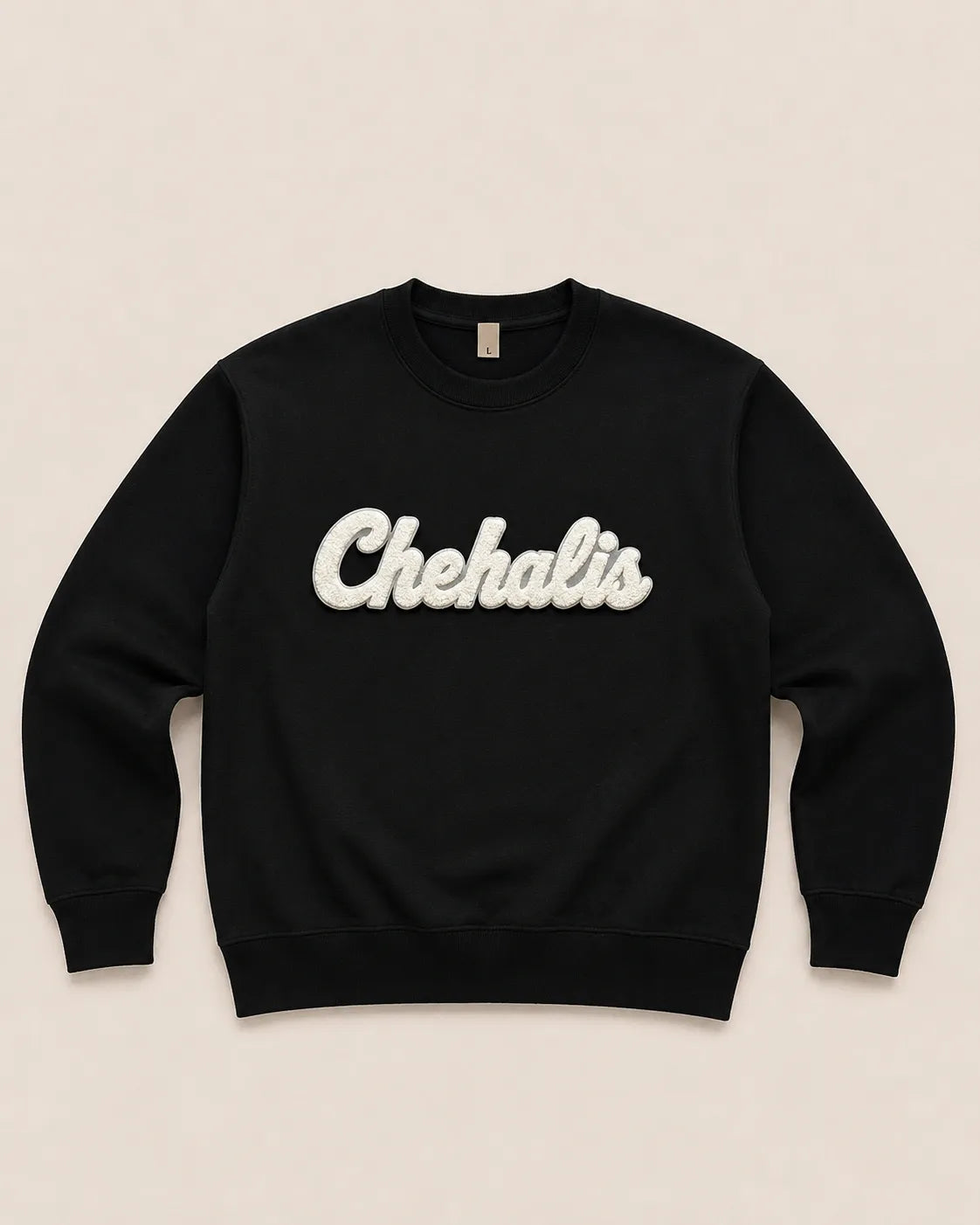 Pick Your Patch Chenille Patch Black Crewneck | Custom School Spirit Sweatshirt