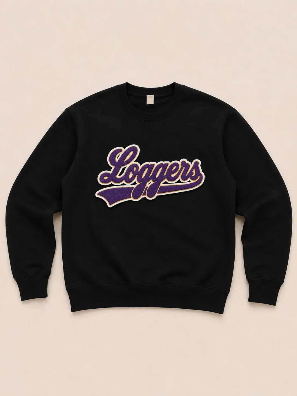 Pick Your Patch Chenille Patch Black Crewneck | Custom School Spirit Sweatshirt