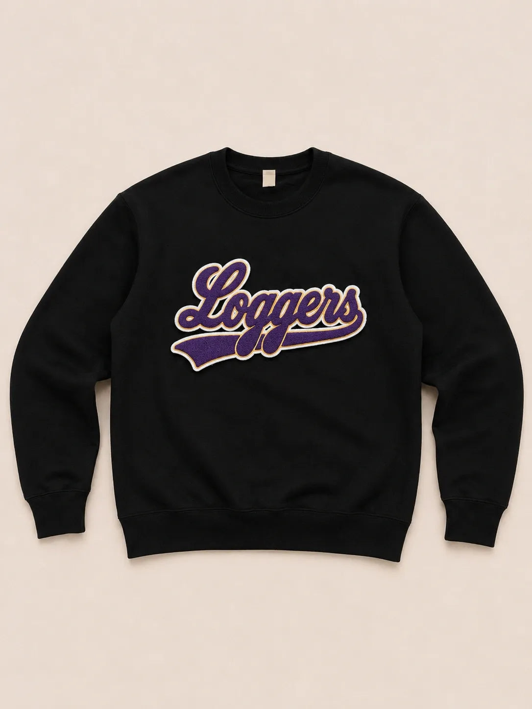 Pick Your Patch Chenille Patch Black Crewneck | Custom School Spirit Sweatshirt